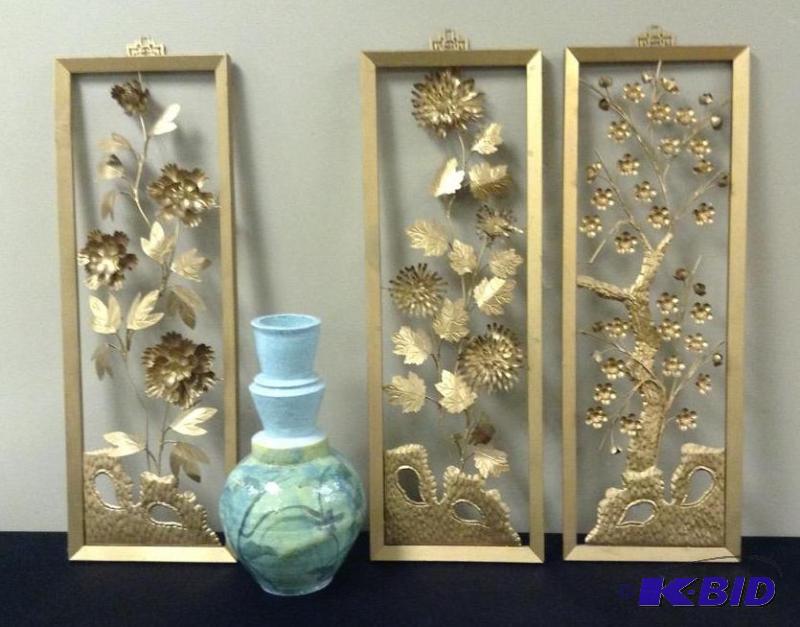 lot 4 image: Asian Influenced Wall Panels and Vase