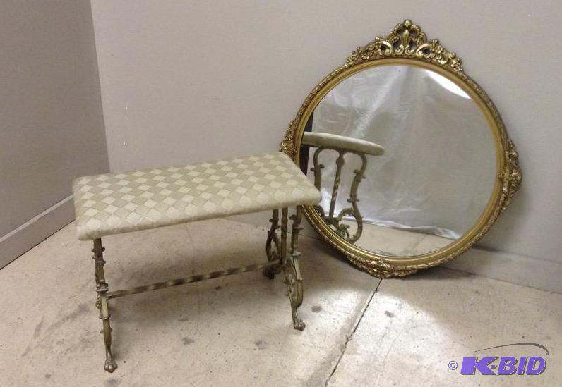 lot 74 image: Ornate Vintage Round Mirror and Bench