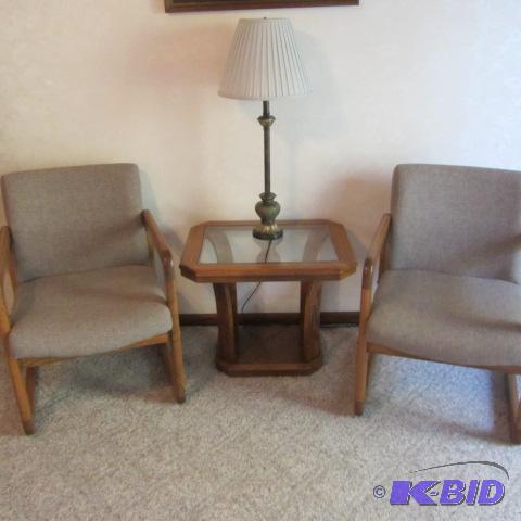 Pair Chairs, Table & Lamp