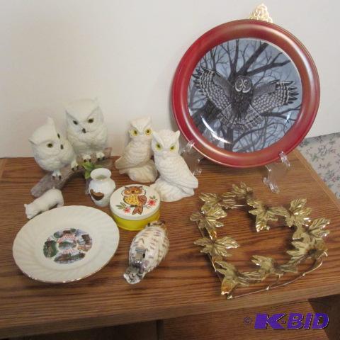 Owl Plate, Figures, Metal Leaves