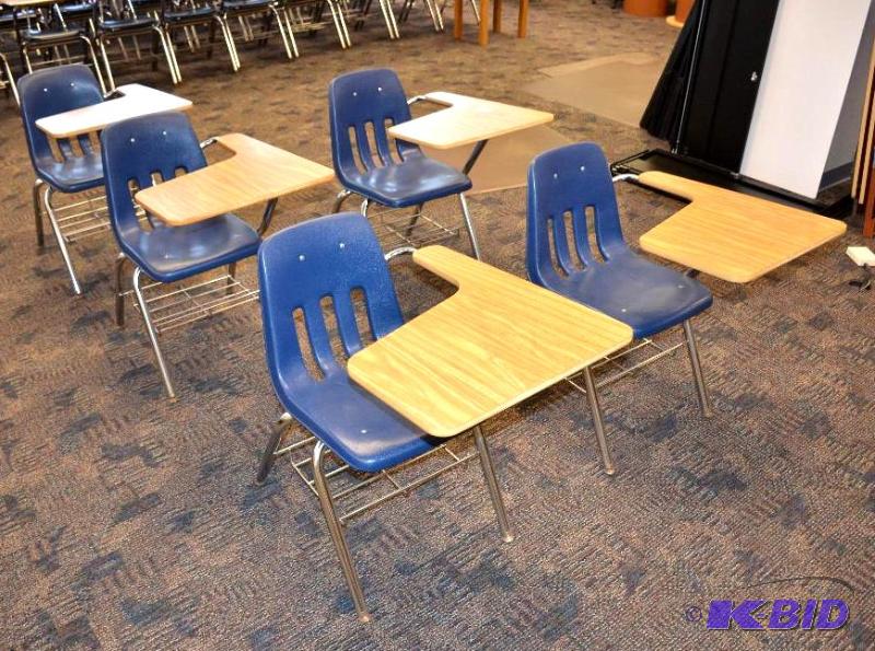 lot 38 image: 5 Virco combo student desk  chair blue &...