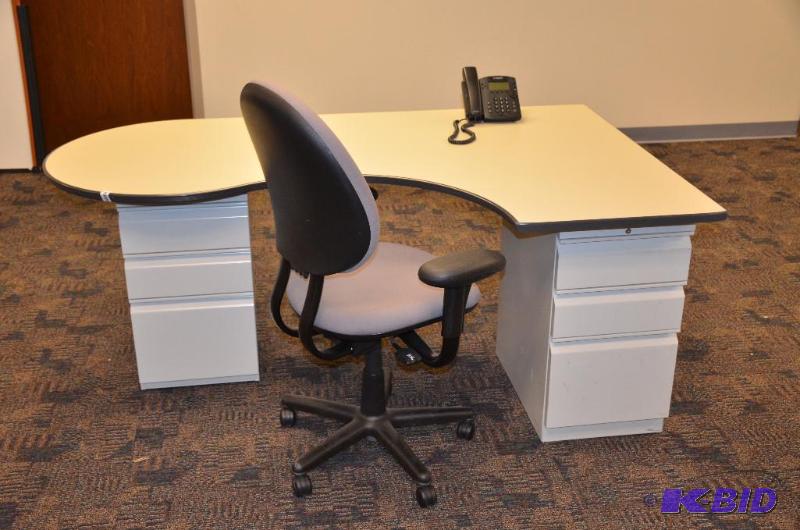 lot 54 image: L shaped desk  table with 2 white files 74x4...