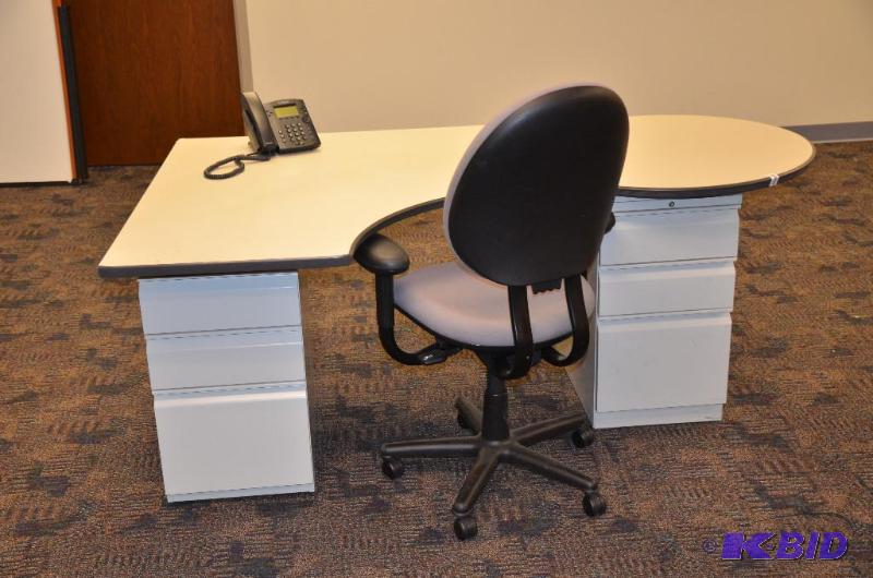 lot 55 image: L shaped desk  table with 2 white files 74x4...