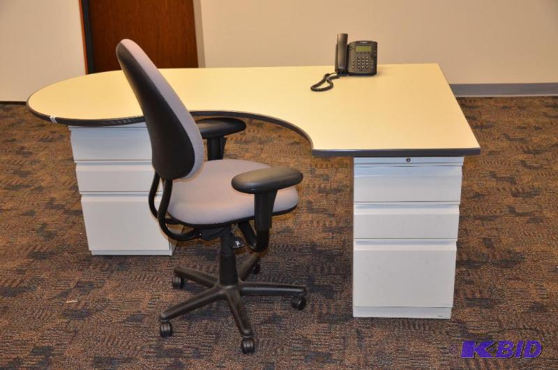 lot 59 image: L shaped desk  table 46x74" with 2 whit...
