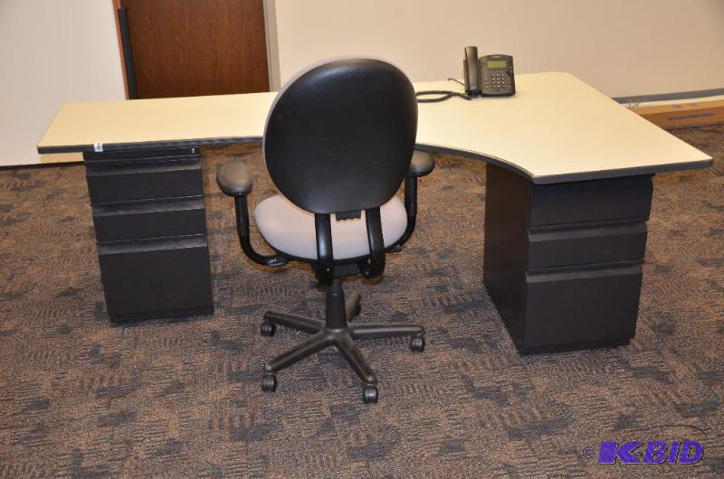 lot 63 image: L shaped desk with 2 WHITE files 82x48"....