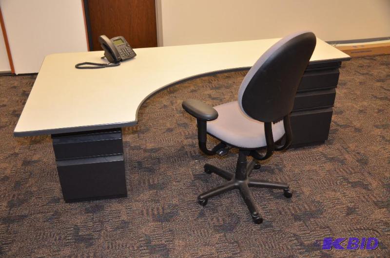 lot 68 image: L shaped desk 46x84". 2 black filing cab...