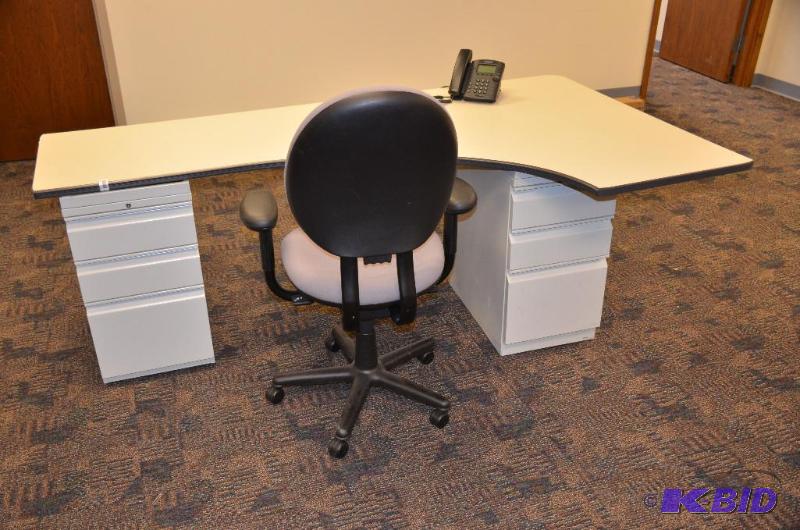 lot 69 image: L shaped desk 46x84". 2 black filing cab...