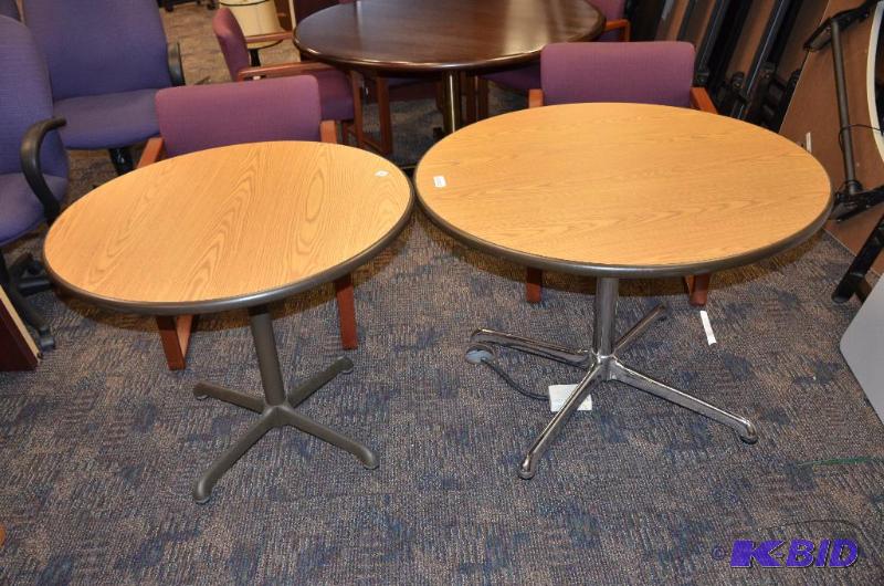 lot 97 image: 2 round tables with metal legs, 36" &...