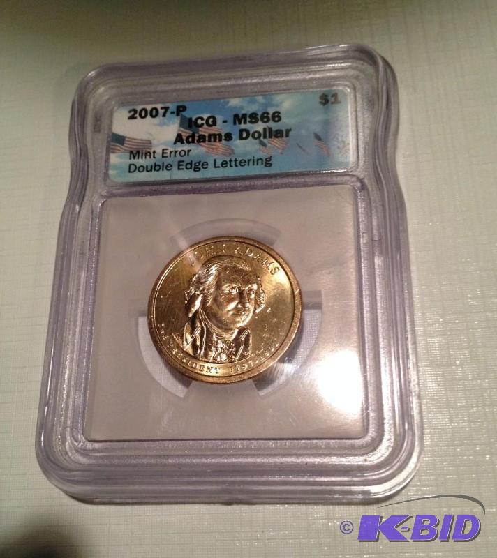 2007-P  Adams Presidential Dollar Mint Error Doubled Edge Lettering Certified By ICG MS66
