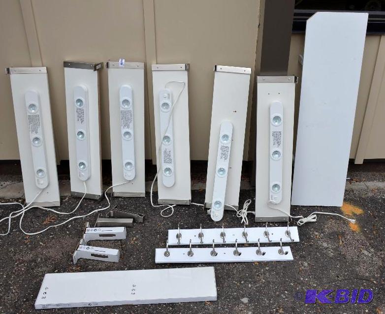 lot 82 image: 7x31 shelfs with lights qnty 6 2 coat hooks, ...