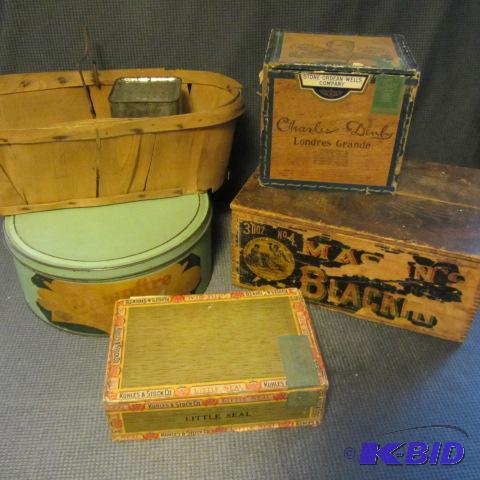 lot 197 image: Marshmallow Tin, Basket, Wood Box