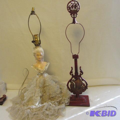 lot 94 image: Figural Ship & Lady Lamps