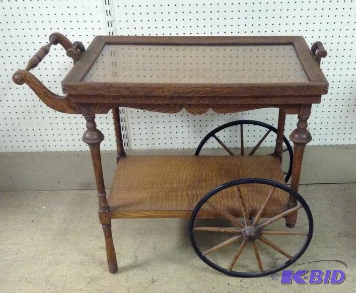 Vintage Tiger Wood Quarter Sawn Oak Tea Cart