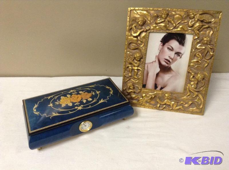 Gold Cherub Frame & Inlay Wood Jewelry Box