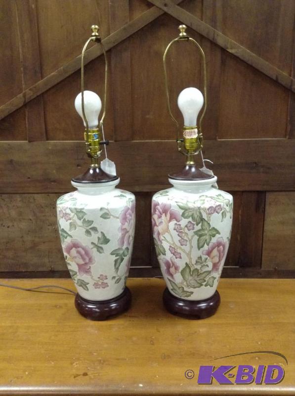 Pair White Floral Table Lamps