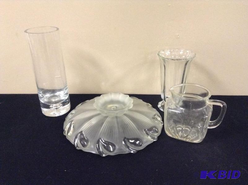 lot 131 image: Clear Glass Vases, Pitcher & Light Cover