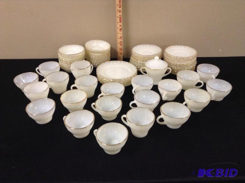 lot 136 image: Vintage Set Gold Rim Milk Glass Dinnerware