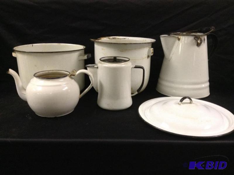 lot 147 image: Vintage White Enamelware Teapots and Kettles