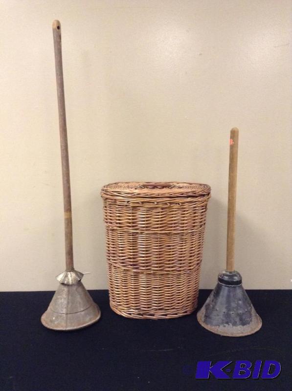 lot 153 image: Vintage Laundry Plungers and Hamper