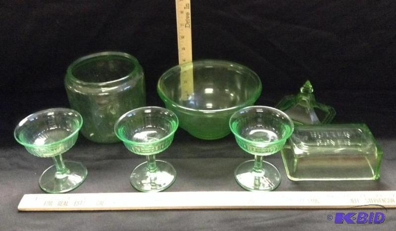 lot 2 image: Green Depression Glass Items