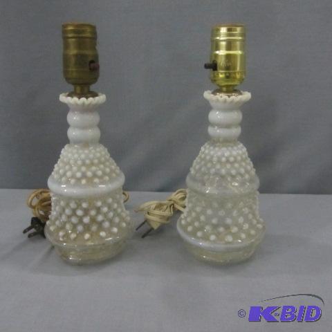 lot 130 image: Opalescent Hobnail Dresser Lamps