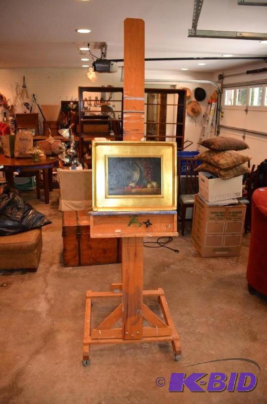 lot 104 image: Large Painting easel on casters, painting is ...