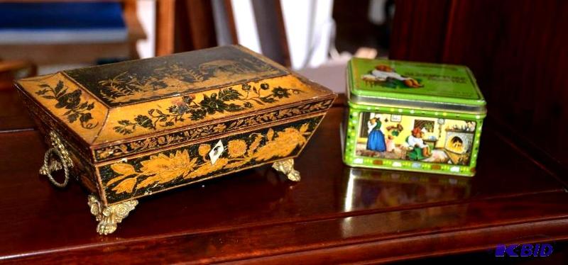 lot 107 image: Handmade inlaid wood box with claw feet, Vint...
