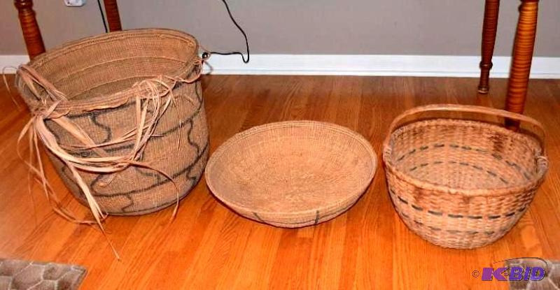 lot 11 image: Three hand woven antique or older baskets 15x...