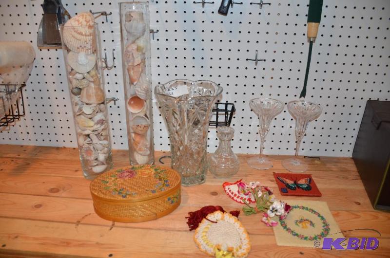 lot 130 image: Se shells, glassware, and hand made vintage i...