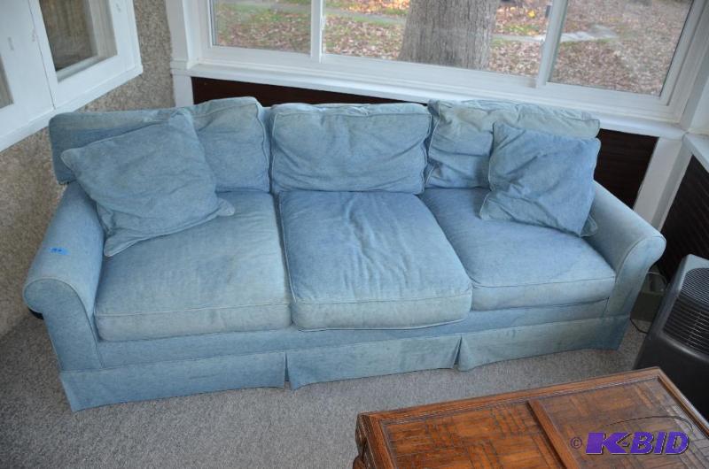 lot 102A image: Denim 3 cushion couch 86 across x 36 deep pil...