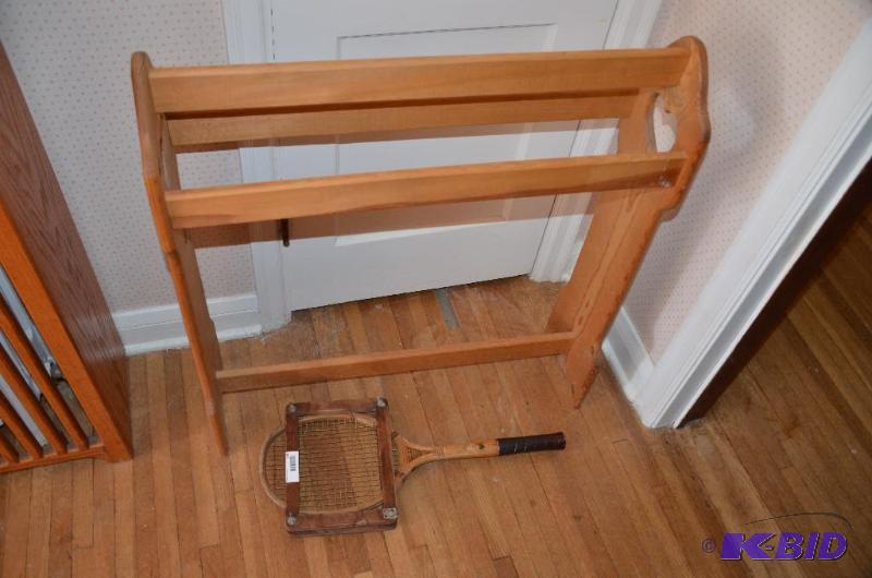 lot 118 image: Antique Tru-Shot tennis raquet and Wood quilt...