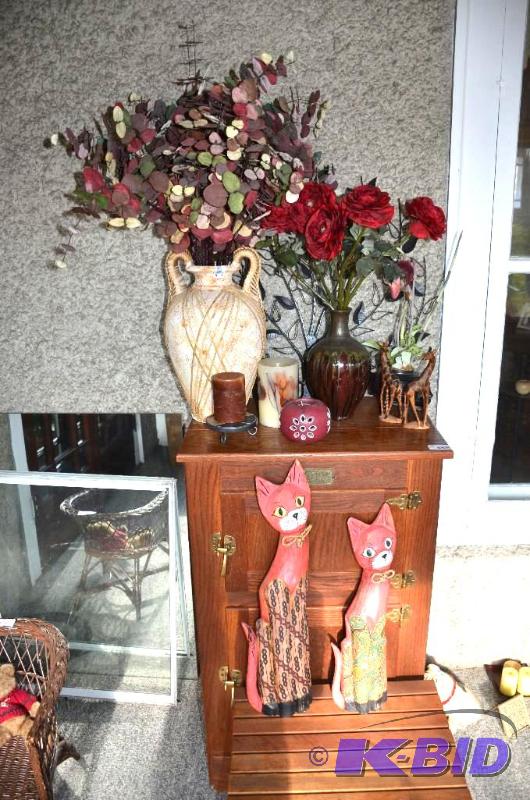 lot 132 image: Decor - wooden cats 20" tall, candles, v...