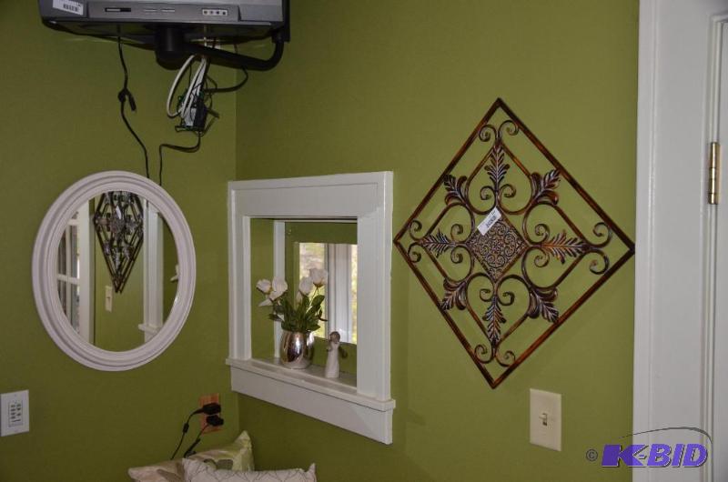 lot 159 image: white framed mirror 16" diameter, wall a...