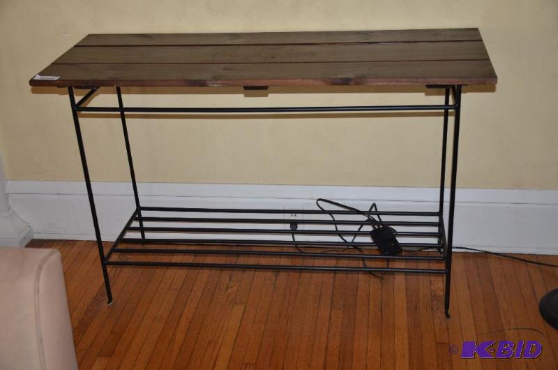 lot 38 image: Rustic side table with wood top & iron le...
