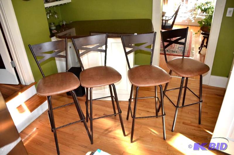 lot 4 image: 4 metal bar stools that swivel, leather i...
