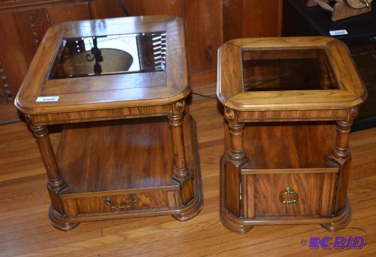 lot 65 image: Matching wood end tables with storage and bev...