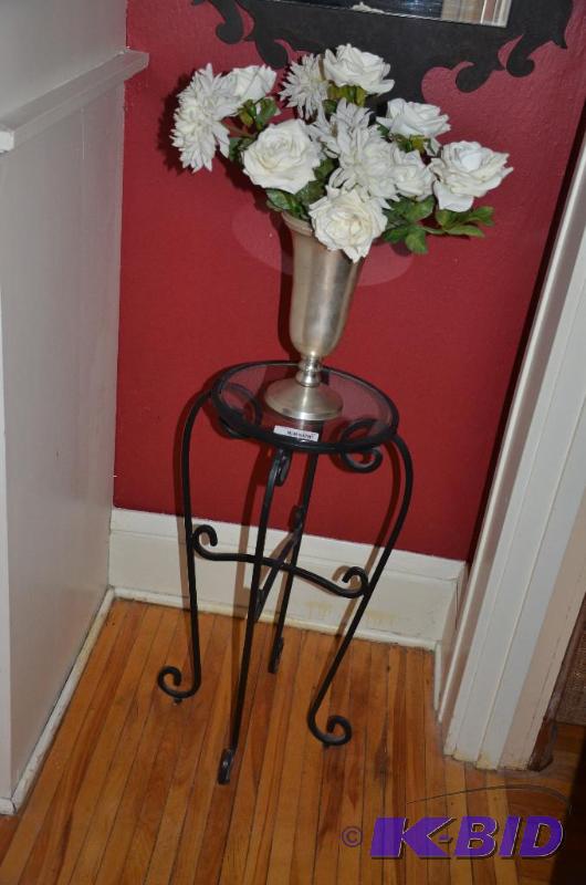 lot 67 image: Glass wrought iron round table with flowers 1...