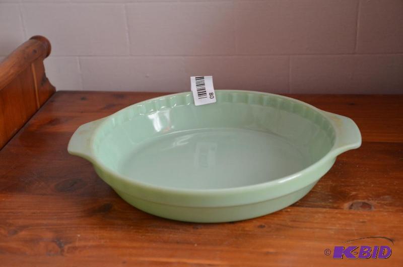 lot 80 image: Fire King 12" Jadeite glass pie pan. Har...