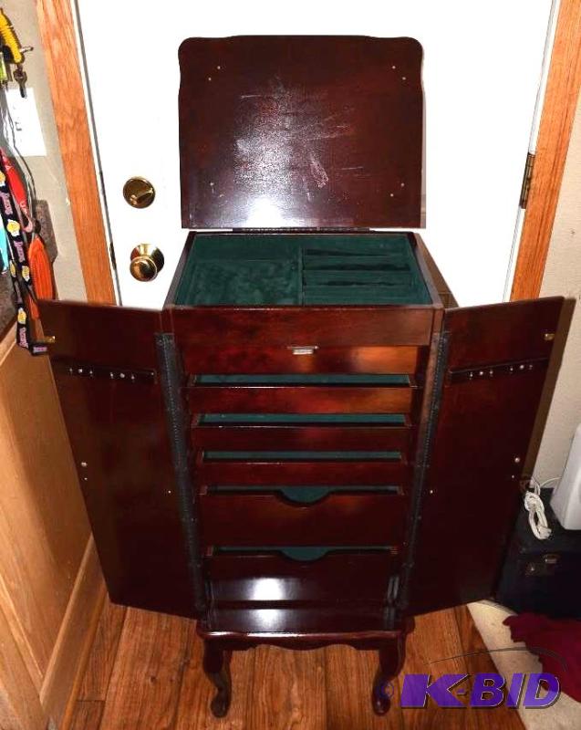 lot 9A image: Beautiful 6 Drawer Jewelry Armoire with green...