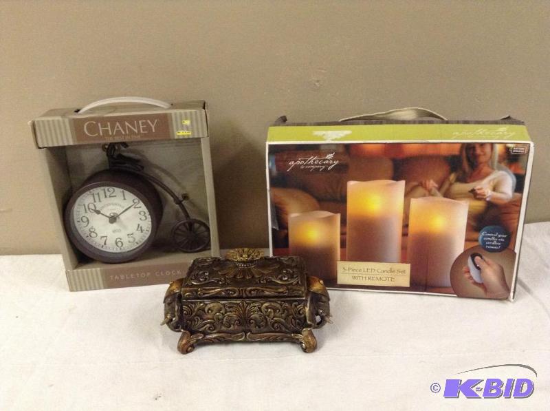 lot 60 image: Home Decor - Clock, Candles & Box