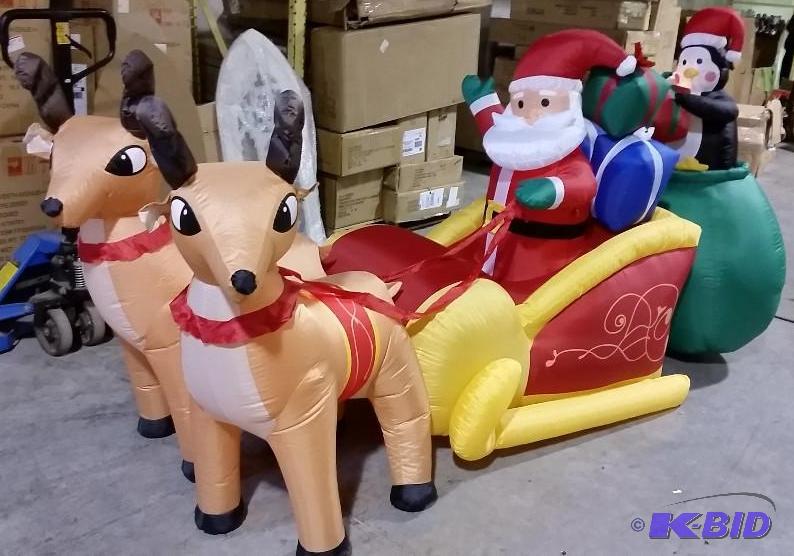 lot 11 image: Santa Sleigh Reindeer Penguin Light Up Inflat...