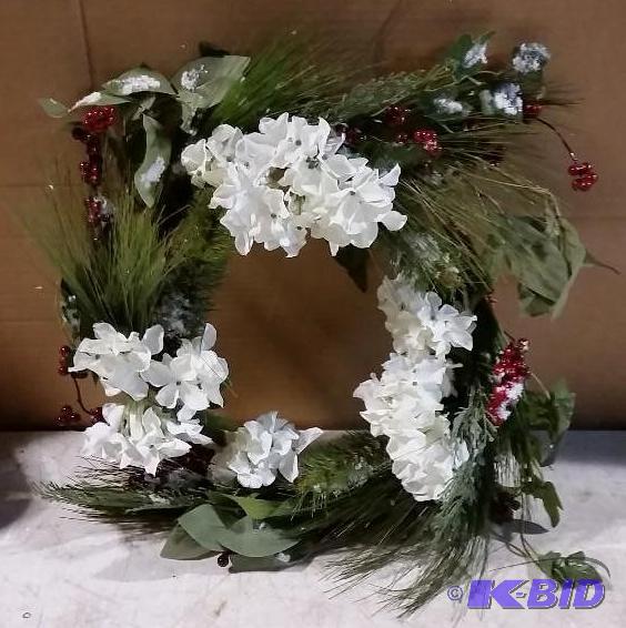 lot 13 image: Wreath - 16" diameter - Has holly, flowe...