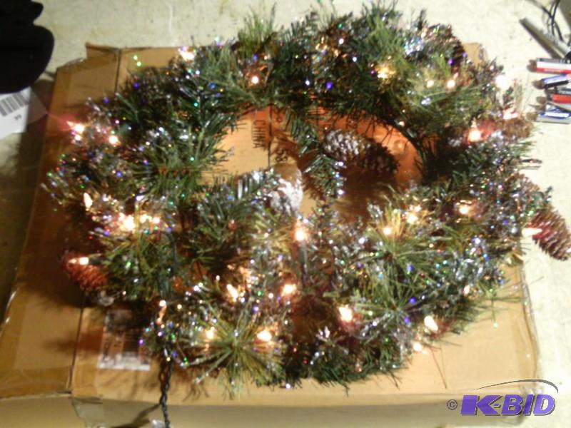 lot 38 image: Wreath with Frosted White Lights - Has pine c...