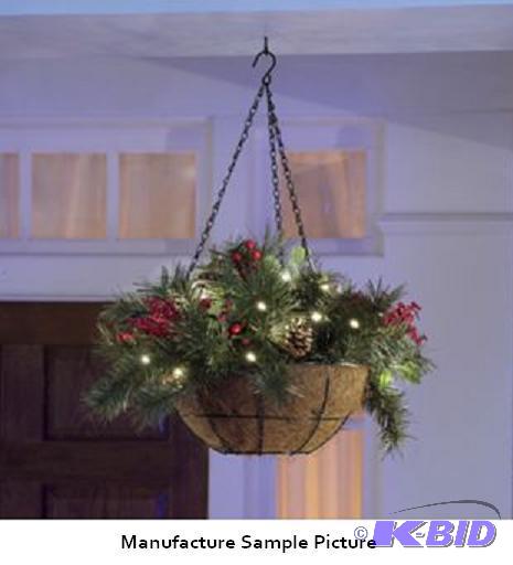 lot 8 image: Lighted Holly Berry Hanging Basket - Pinecone...