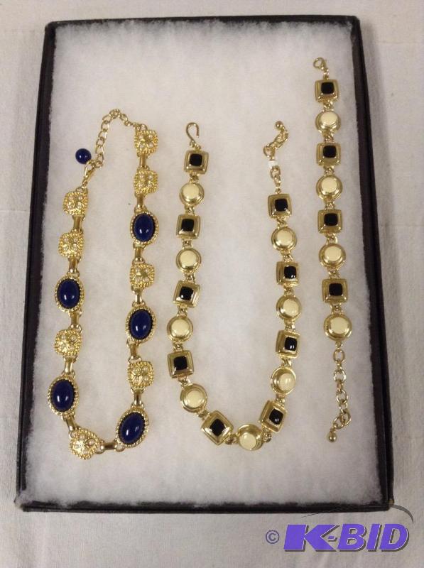 Two Gold Tone & Blue Necklaces & Bracelet