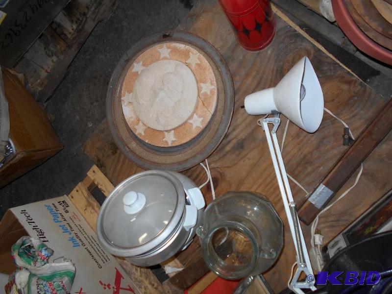 lot 40 image: Light, CrockPot, Plates and Bowl in Photo.