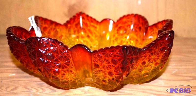 lot 140 image: Carnival glass bowl with wooden hand carved a...