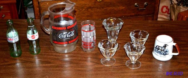 lot 171 image: Coca Cola pitcher, glass, bottles, 4 malt sho...