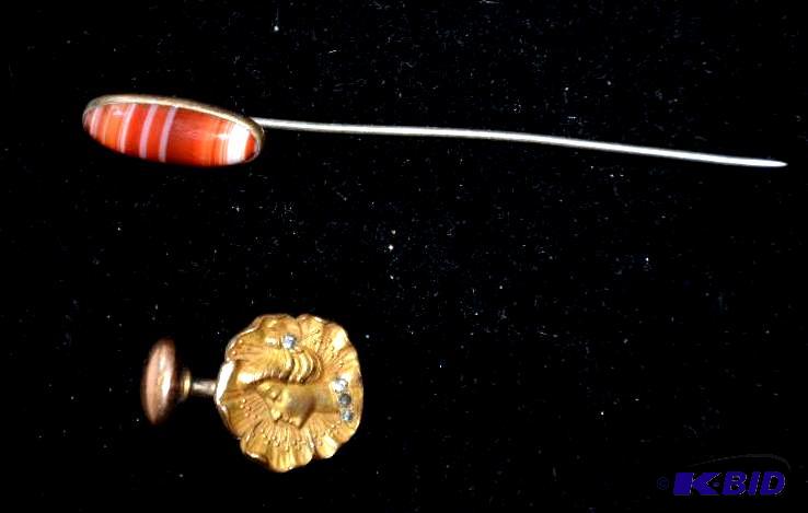 lot 176 image: Vintage hat pin & button pin with carved ...