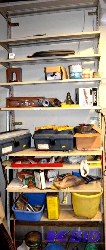 lot 34 image: Wall shelf system with contents, tool boxes, ...